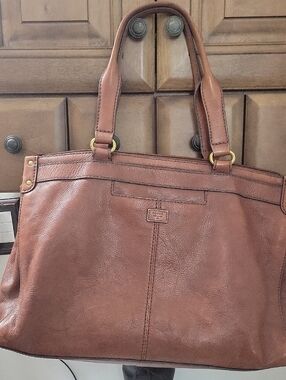 Fossil Cognac Brown Leather Tote with Gold-Tone Hardware